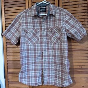 Carhartt Men’s Red and White Plaid Short-Sleeve Button-Down Shirt